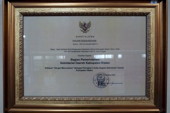 Piagam Penghargaan Kearsipan Internal Kabupaten Klaten Tahun 2024