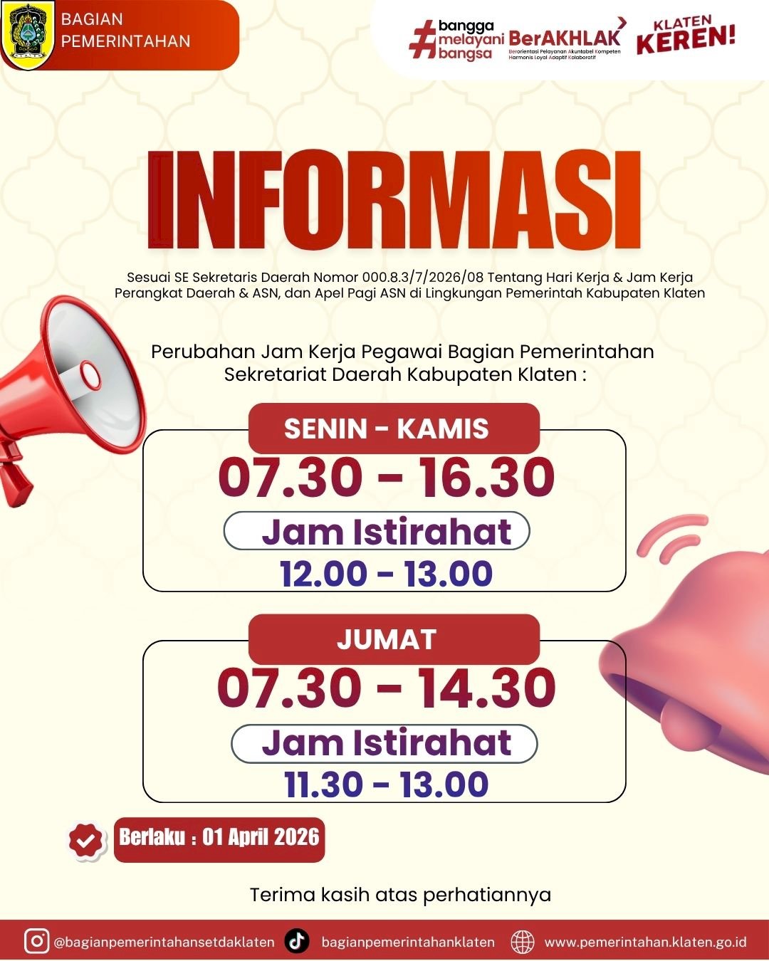 Perubahan Jam Kerja Pegawai Bagian Pemerintahan Sekretariat Daerah Kabupaten Klaten